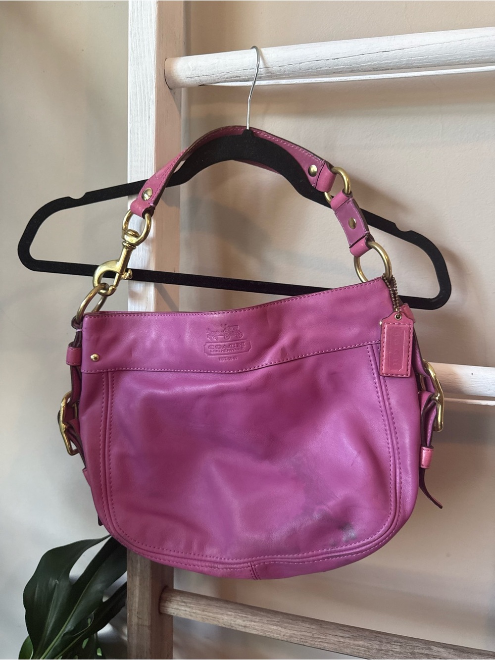 Coach Bright Pink Leather Shoulder Hobo with Gold Hardware